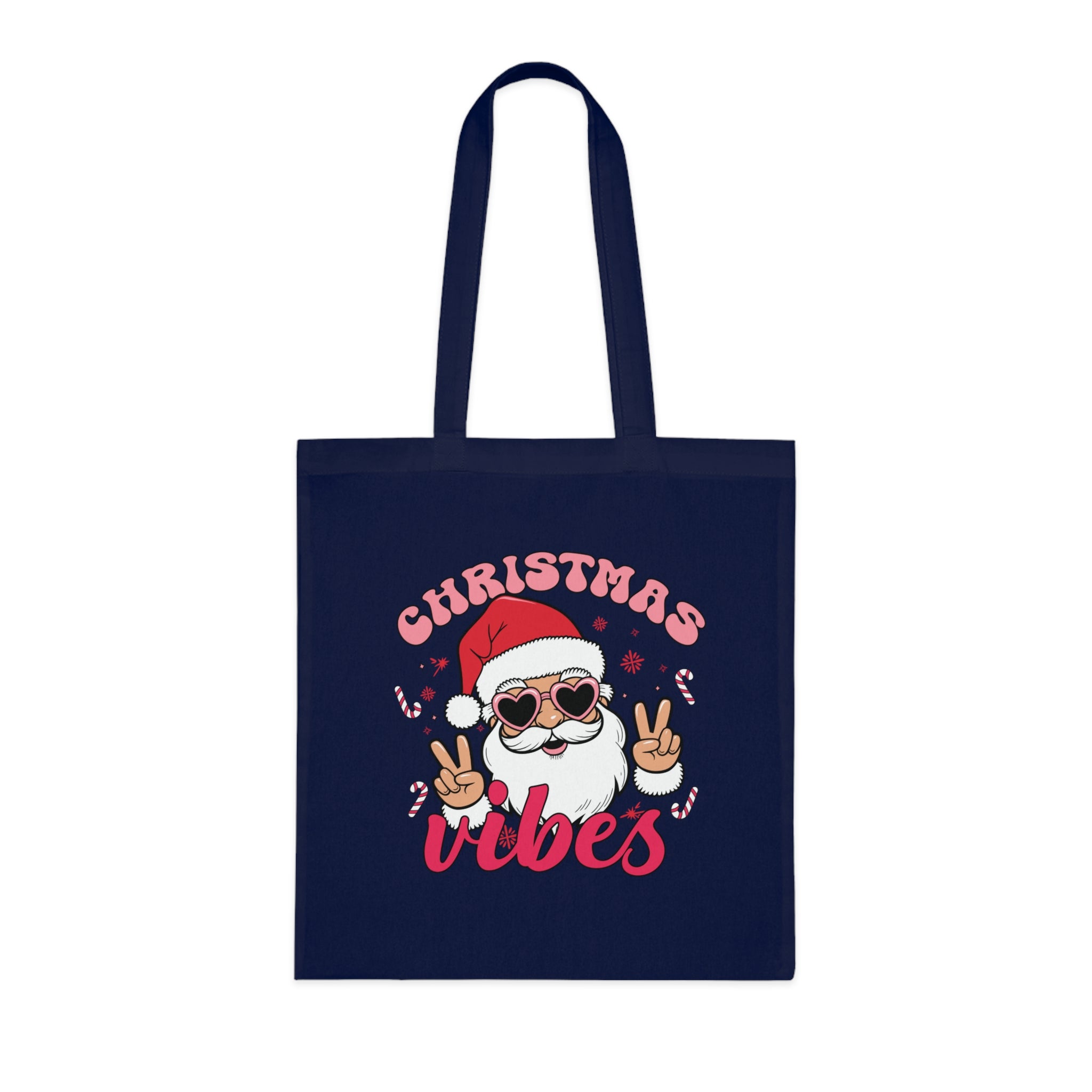 Christmas Vibes Cotton Tote Bag — Santa Peace Sign Holiday Market Tote