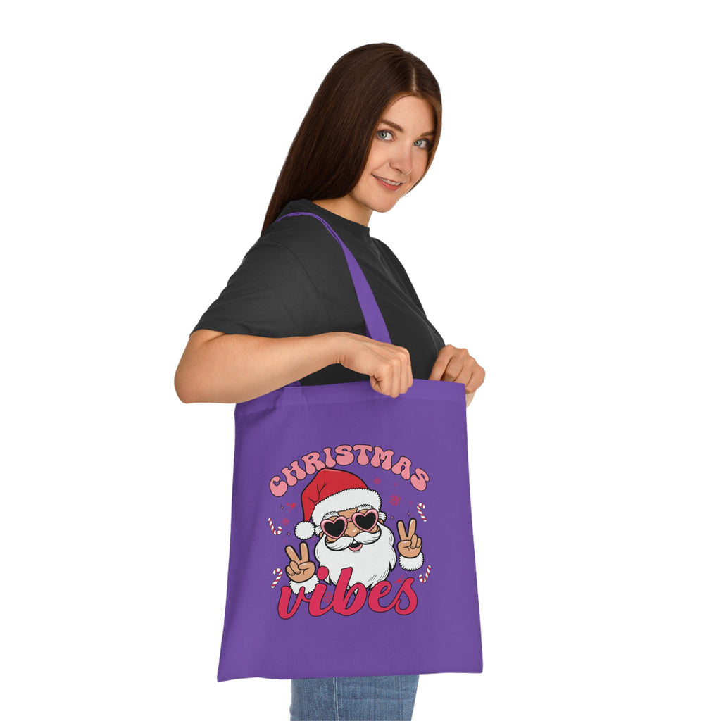Christmas Vibes Cotton Tote Bag — Santa Peace Sign Holiday Market Tote