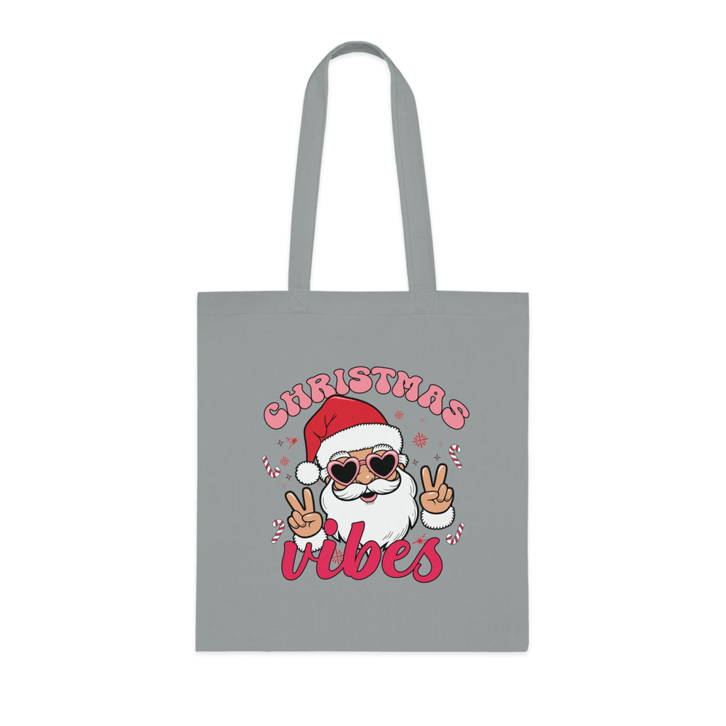 Christmas Vibes Cotton Tote Bag — Santa Peace Sign Holiday Market Tote