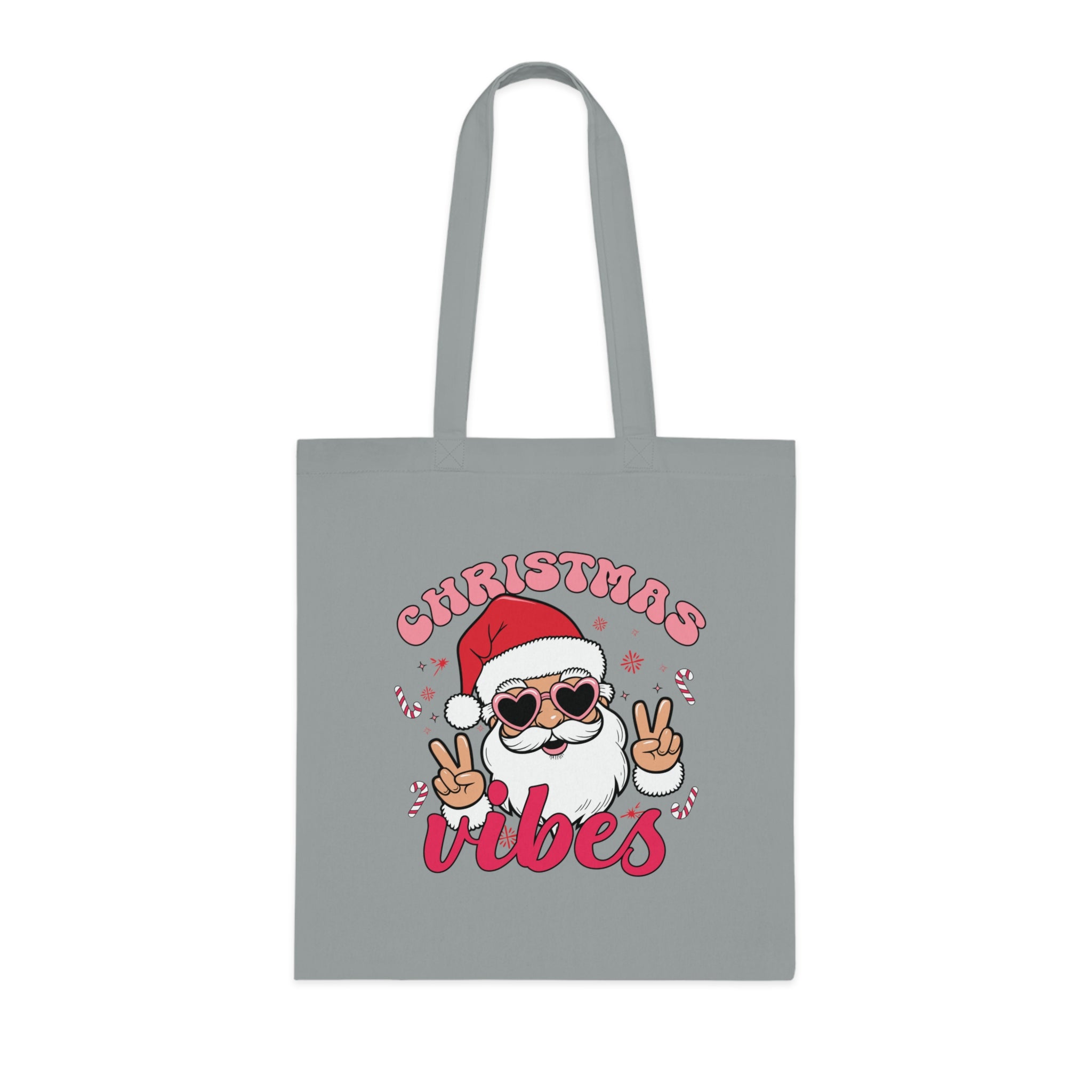 Christmas Vibes Cotton Tote Bag — Santa Peace Sign Holiday Market Tote