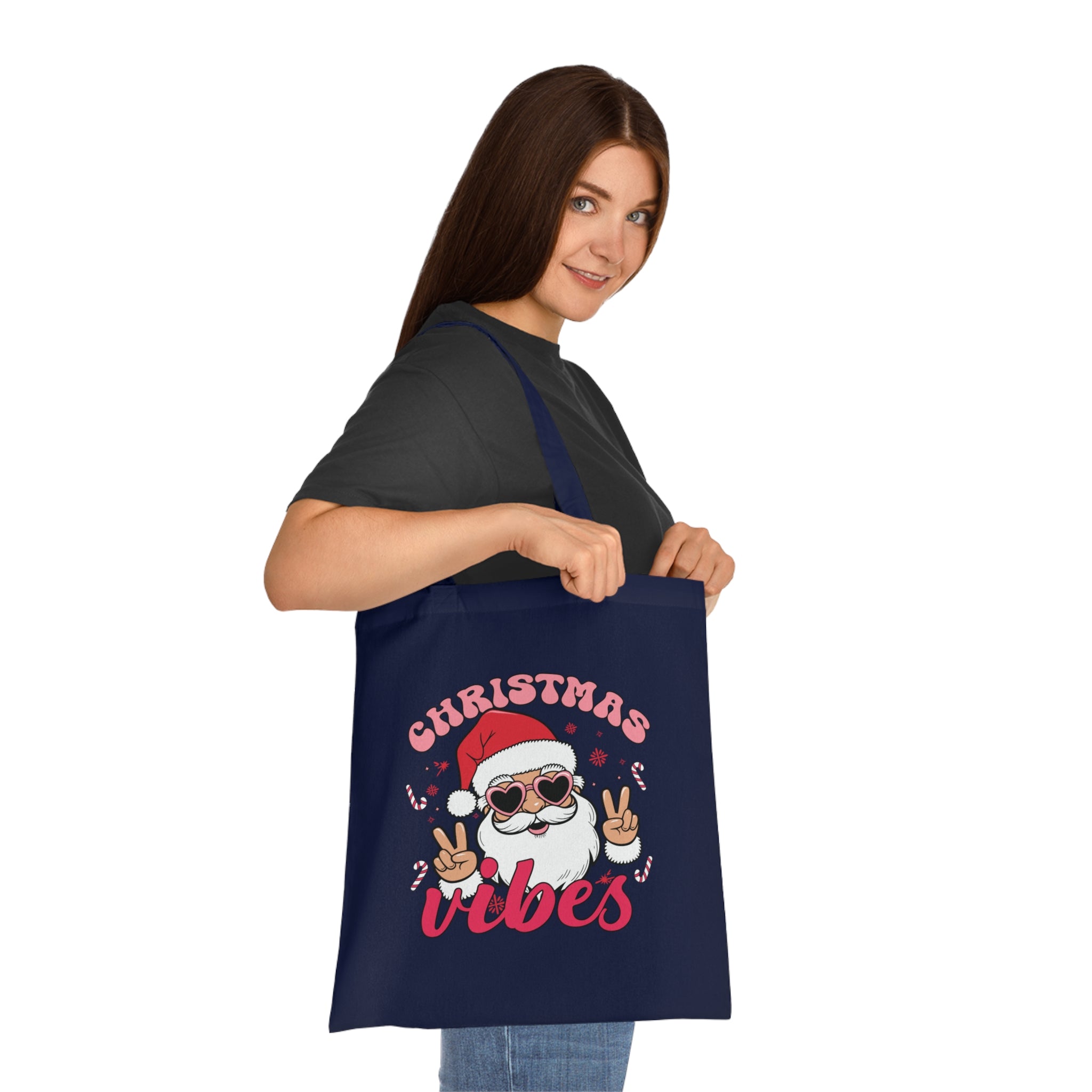 Christmas Vibes Cotton Tote Bag — Santa Peace Sign Holiday Market Tote