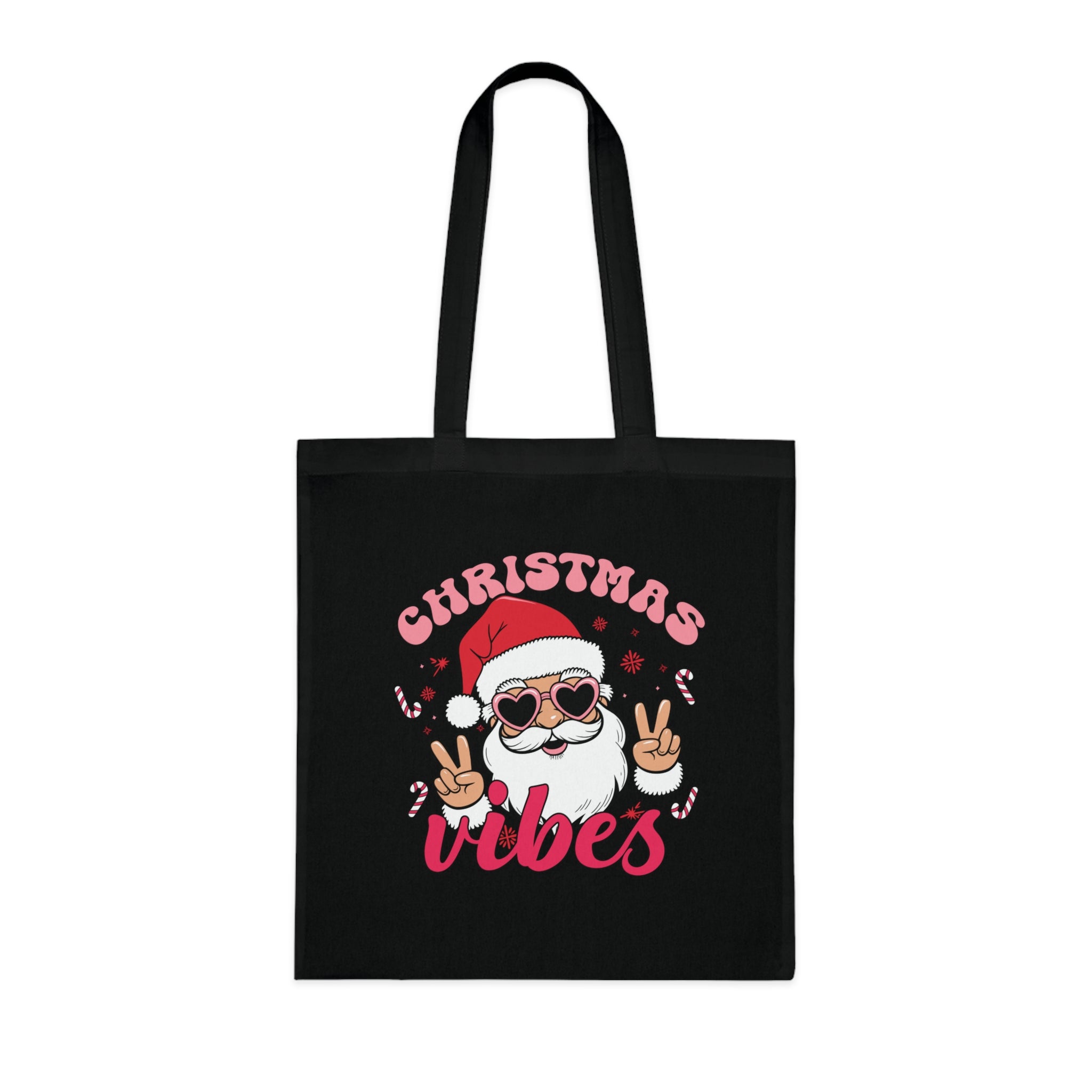 Christmas Vibes Cotton Tote Bag — Santa Peace Sign Holiday Market Tote