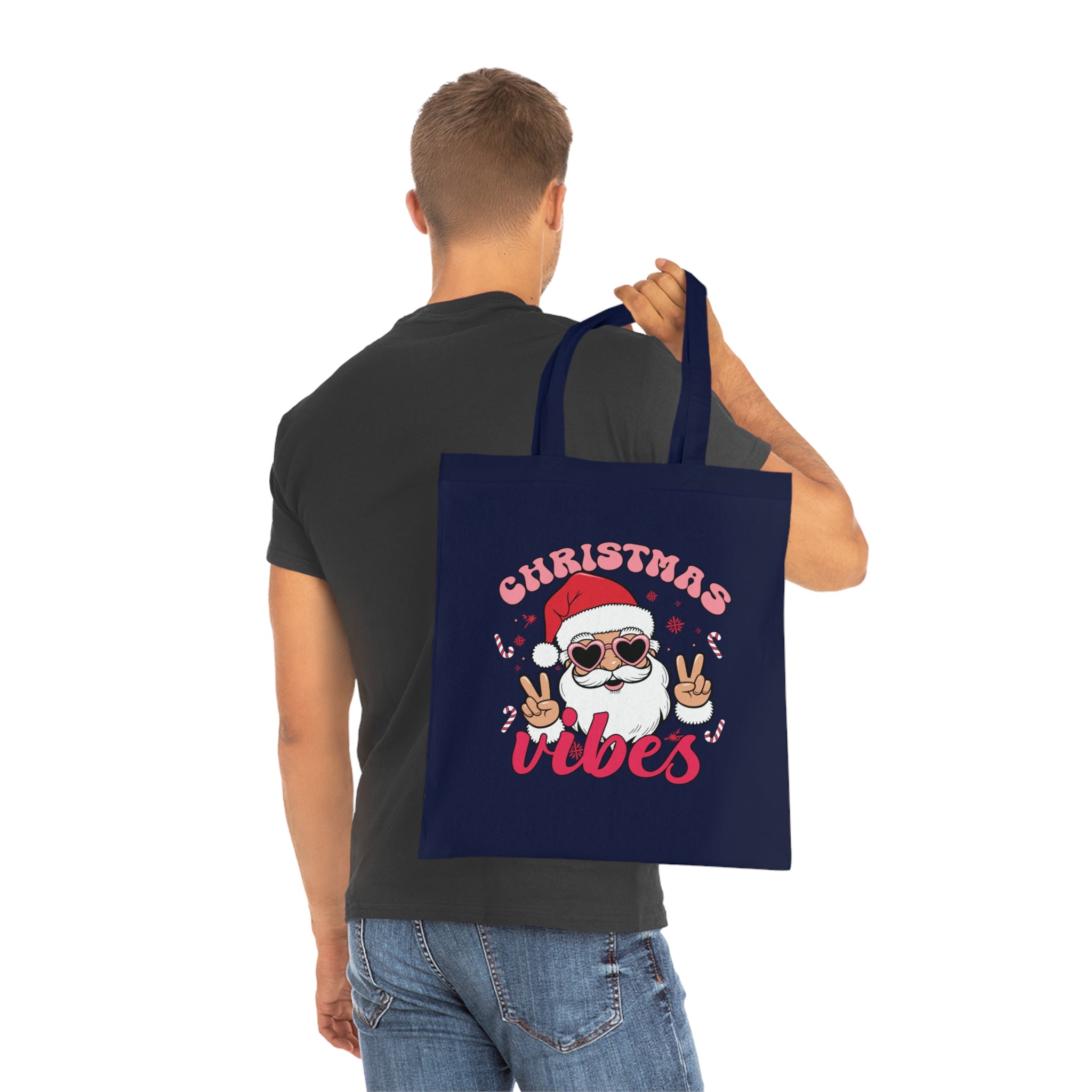 Christmas Vibes Cotton Tote Bag — Santa Peace Sign Holiday Market Tote