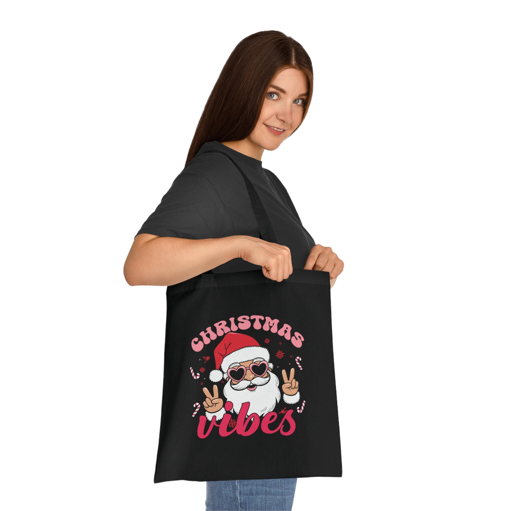 Christmas Vibes Cotton Tote Bag — Santa Peace Sign Holiday Market Tote