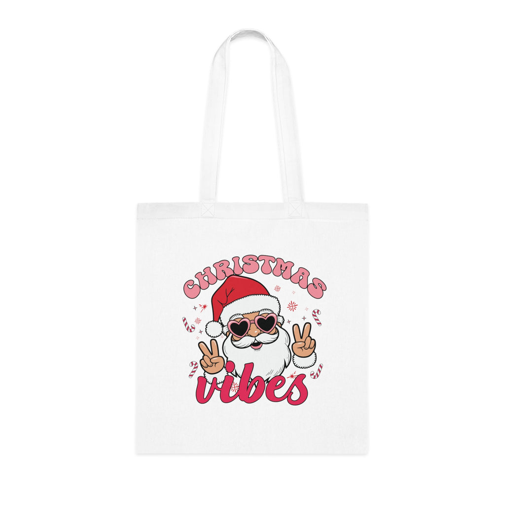 Christmas Vibes Cotton Tote Bag — Santa Peace Sign Holiday Market Tote