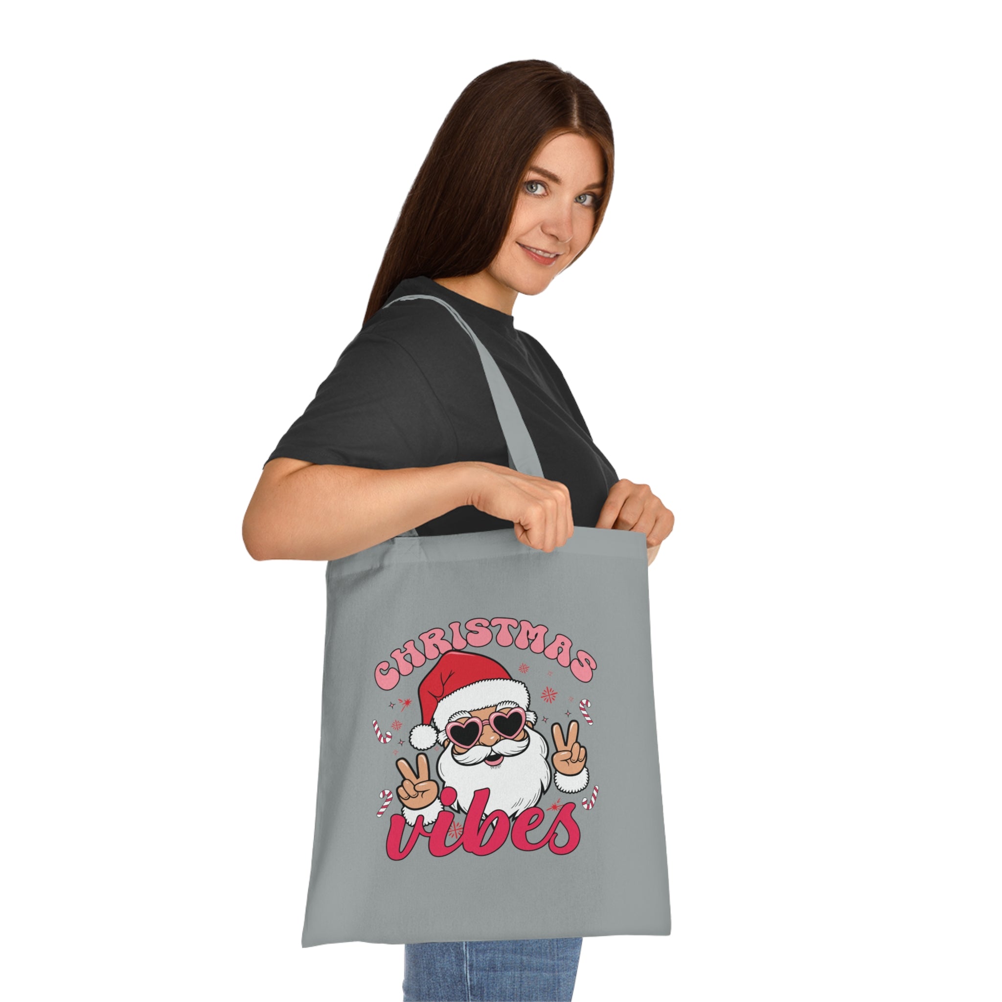Christmas Vibes Cotton Tote Bag — Santa Peace Sign Holiday Market Tote