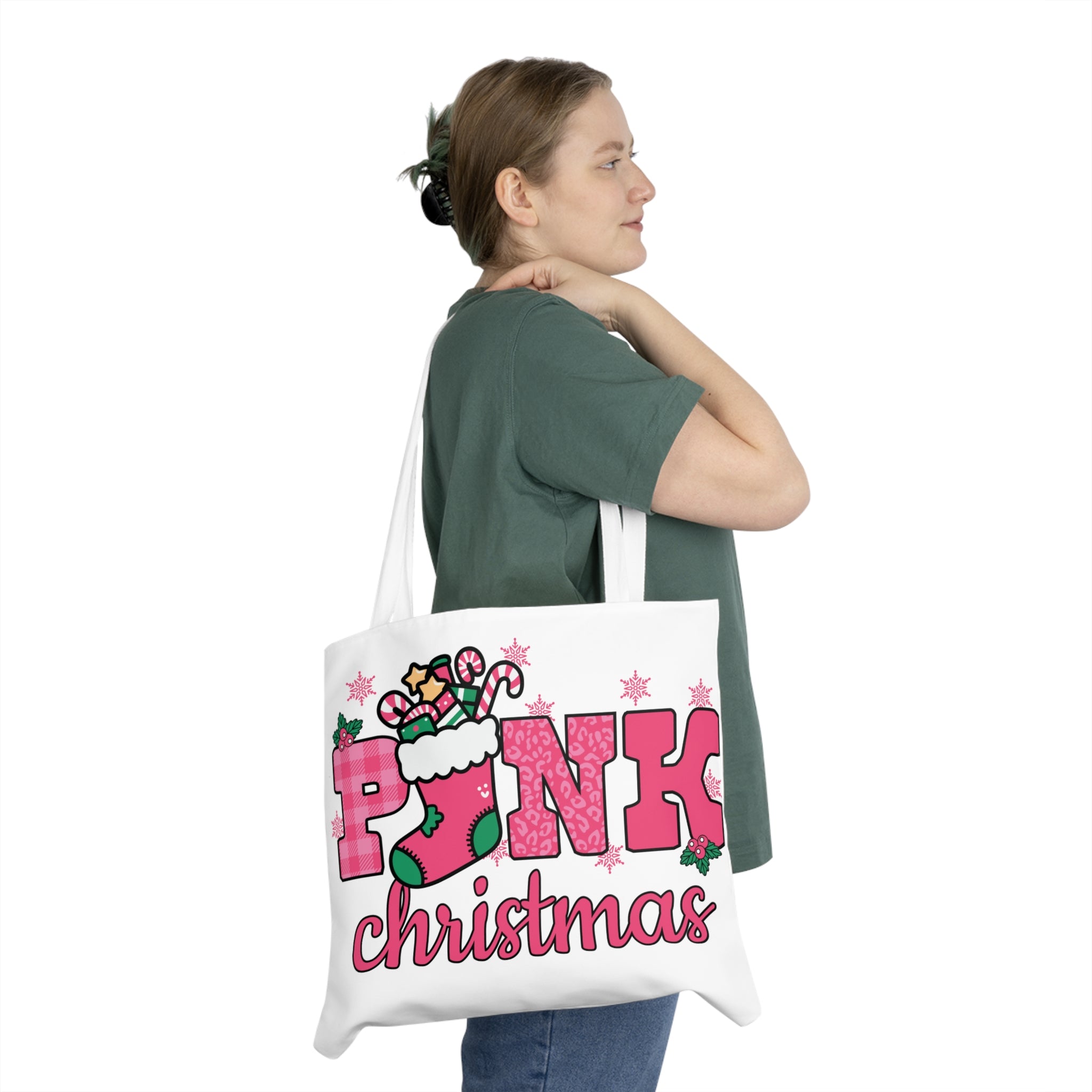 Pink Christmas Tote Bag - Festive Holiday Shoulder Shopper with Candy Cane Stocking Design