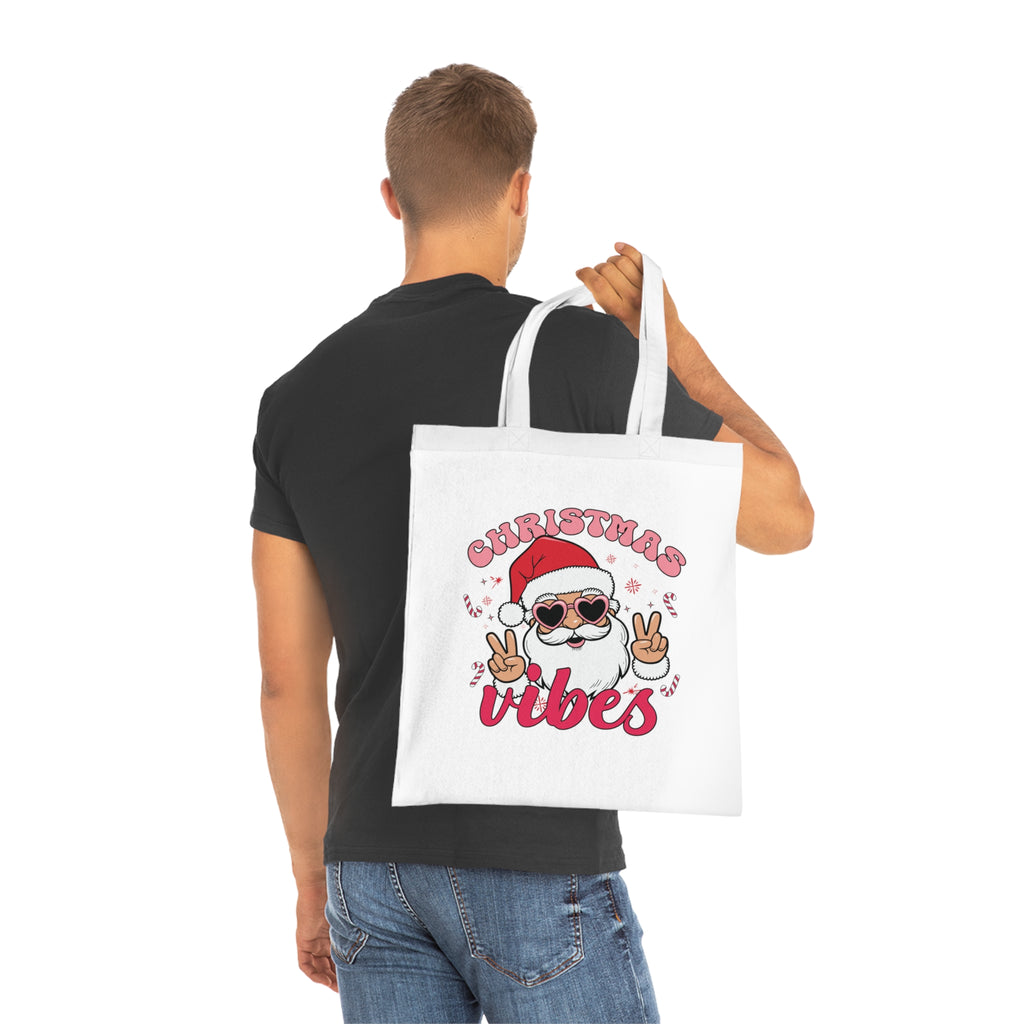 Christmas Vibes Cotton Tote Bag — Santa Peace Sign Holiday Market Tote