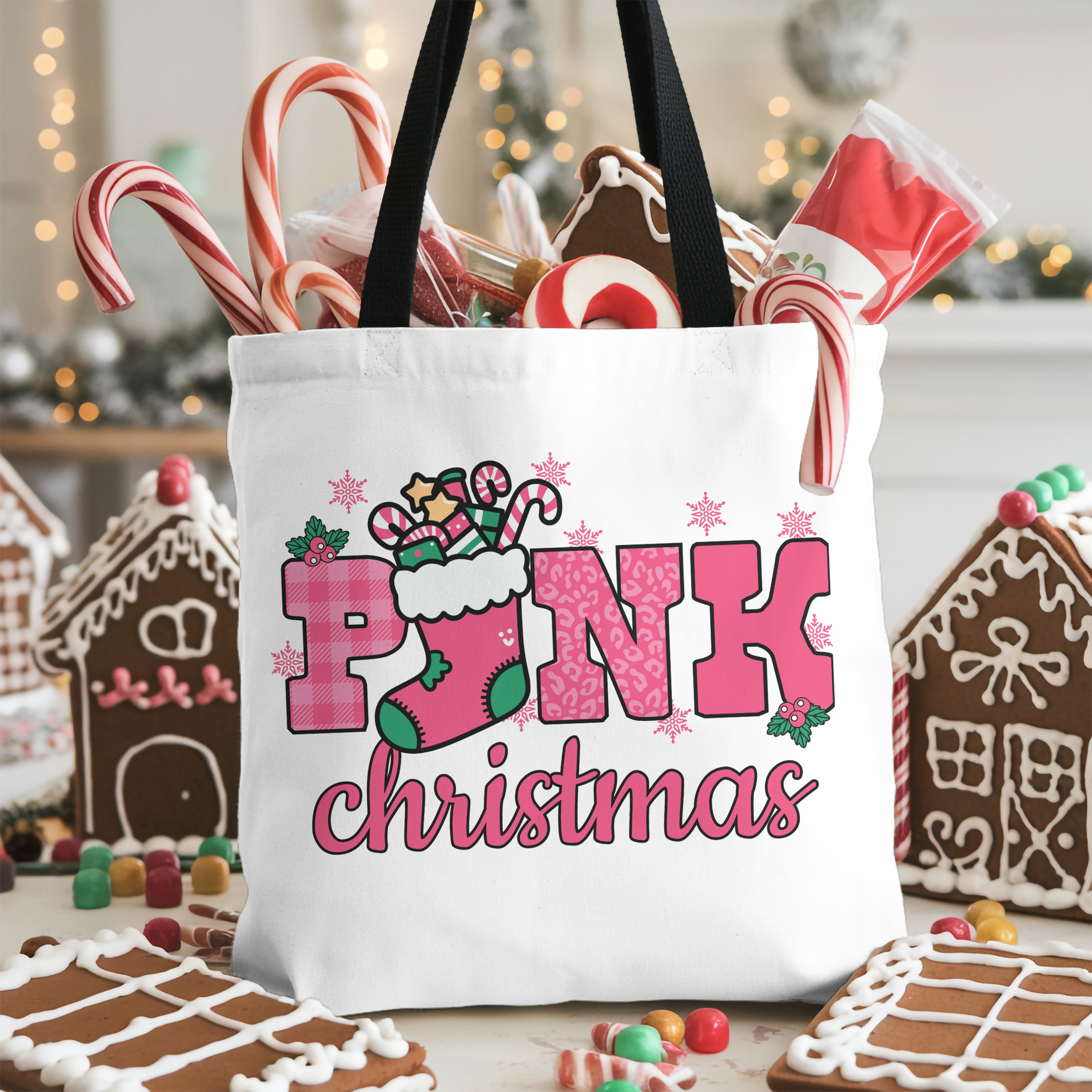 Pink Christmas Tote Bag - Festive Holiday Shoulder Shopper with Candy Cane Stocking Design