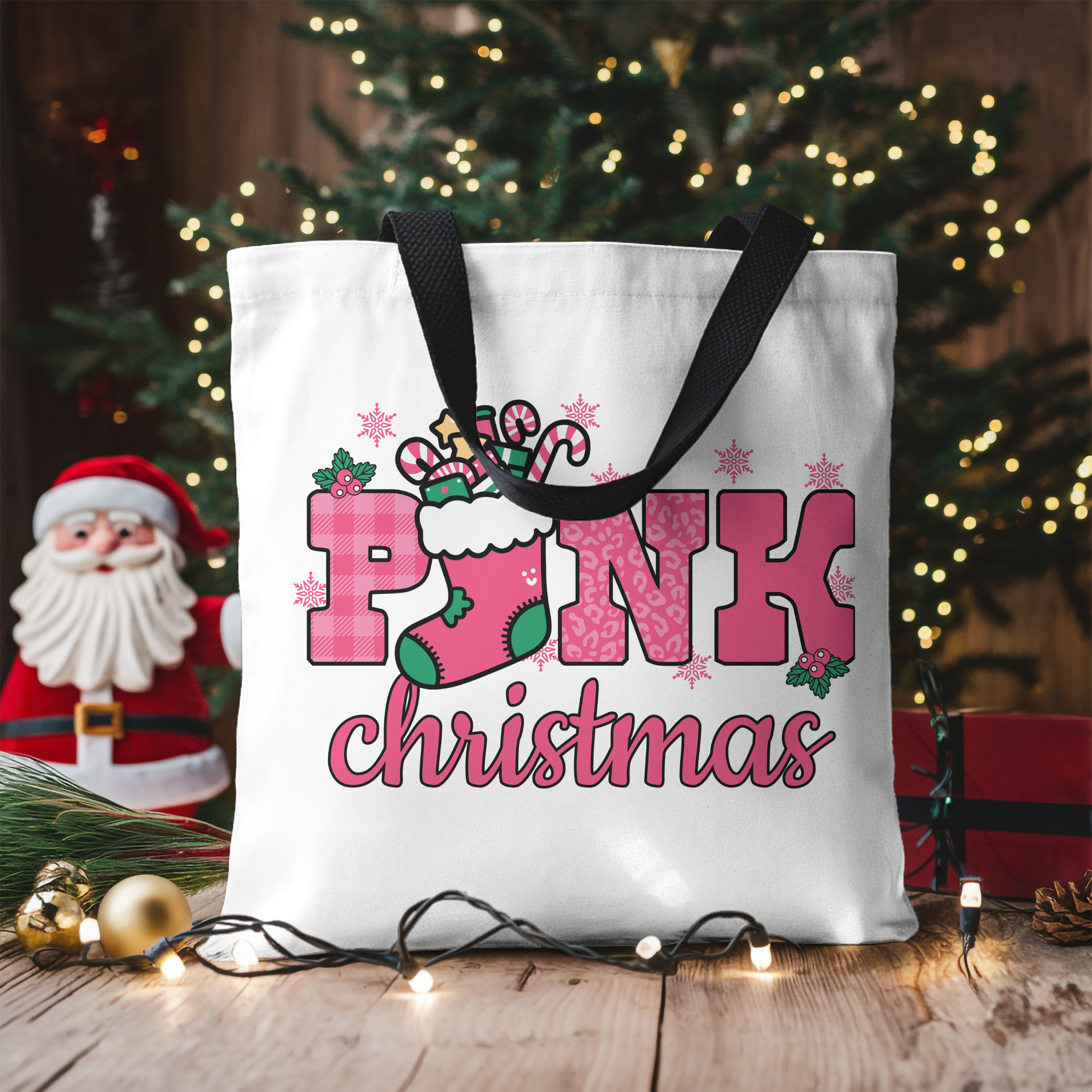 Pink Christmas Tote Bag - Festive Holiday Shoulder Shopper with Candy Cane Stocking Design