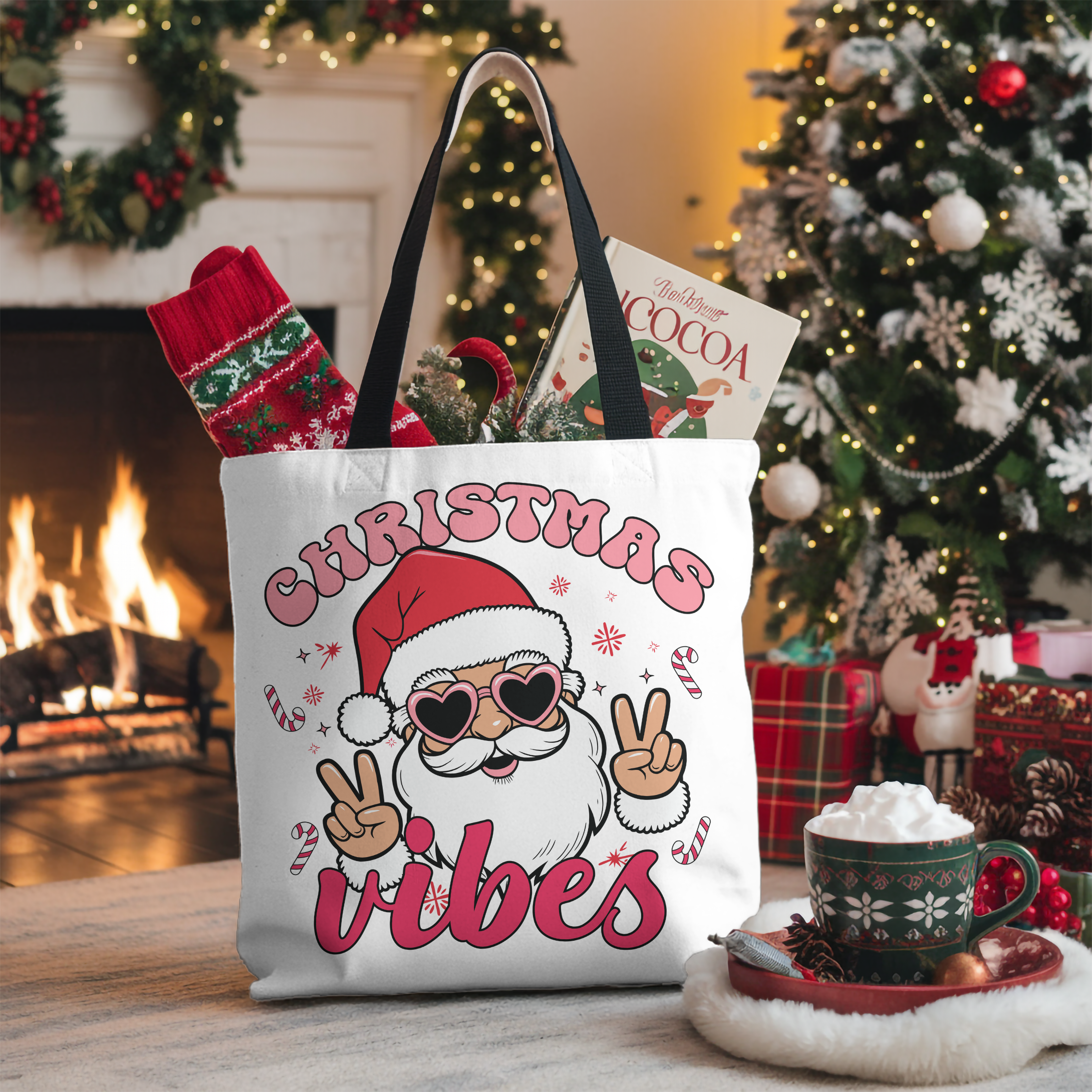 Christmas Vibes Cotton Tote Bag — Santa Peace Sign Holiday Market Tote