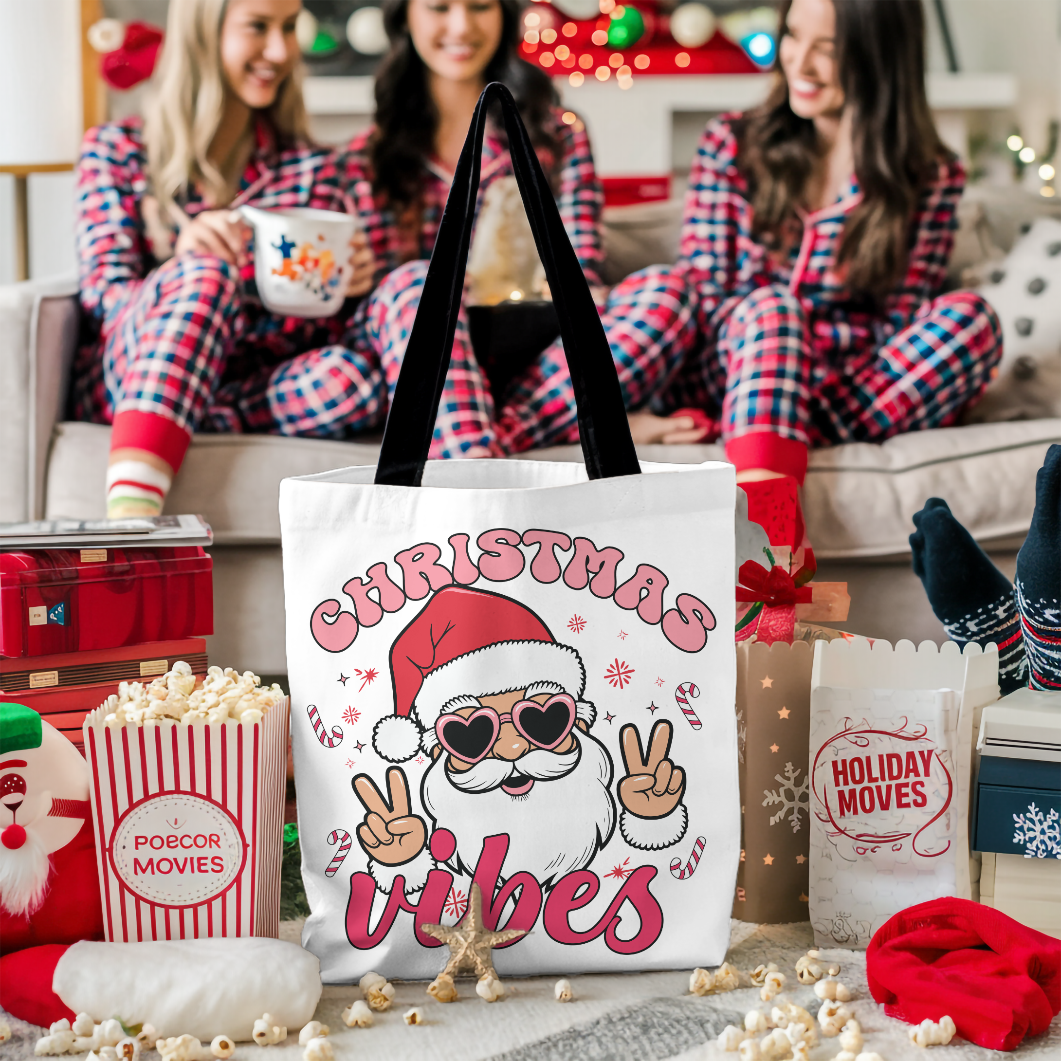 Christmas Vibes Cotton Tote Bag — Santa Peace Sign Holiday Market Tote