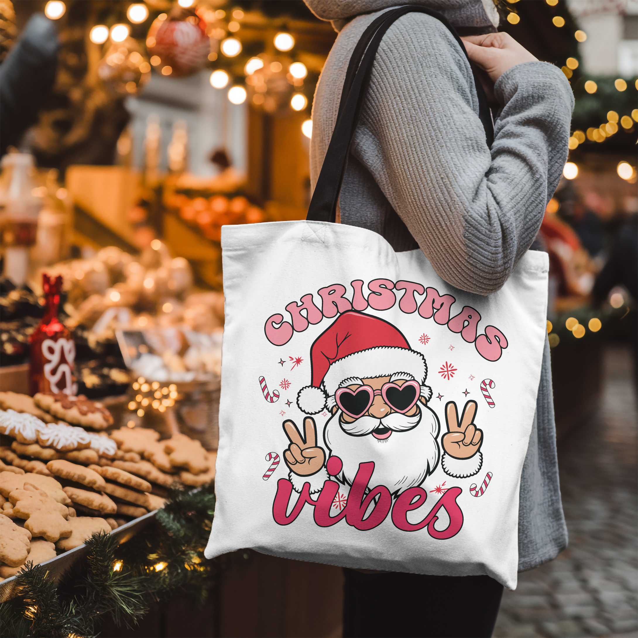 Christmas Vibes Cotton Tote Bag — Santa Peace Sign Holiday Market Tote