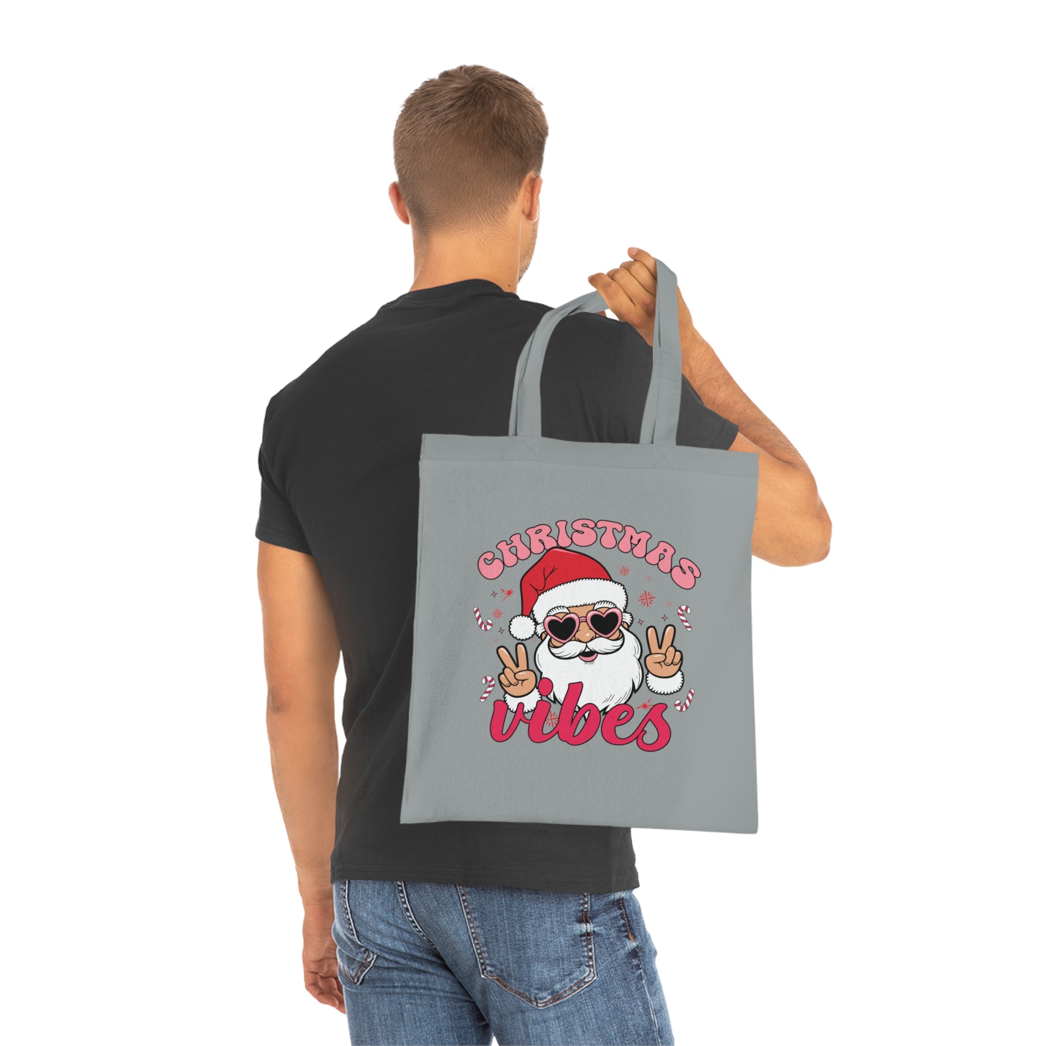 Christmas Vibes Cotton Tote Bag — Santa Peace Sign Holiday Market Tote
