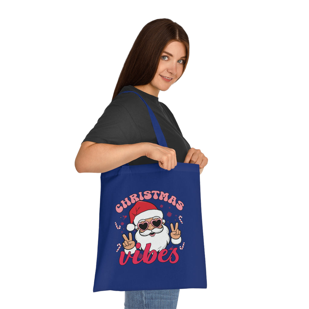 Christmas Vibes Cotton Tote Bag — Santa Peace Sign Holiday Market Tote