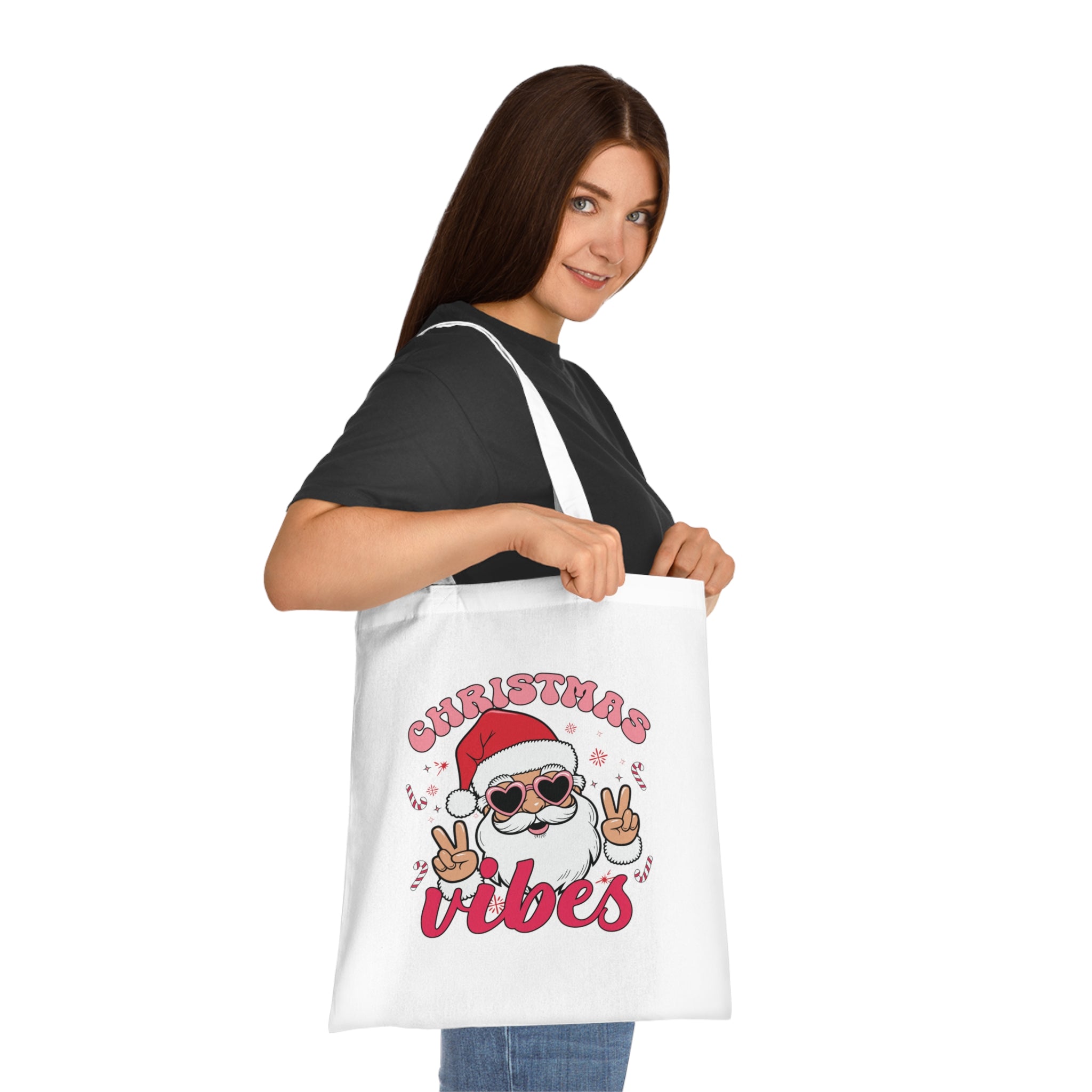 Christmas Vibes Cotton Tote Bag — Santa Peace Sign Holiday Market Tote