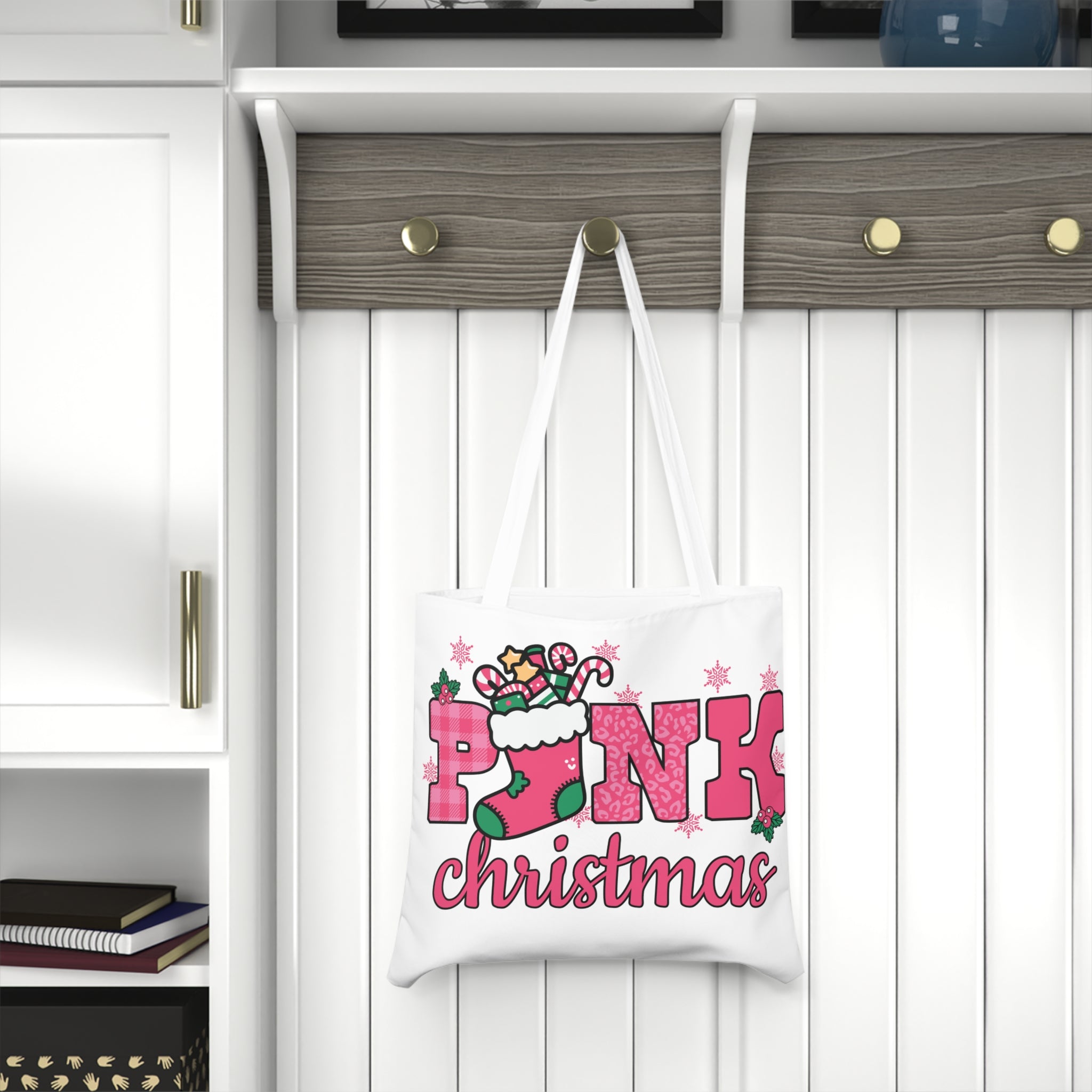 Pink Christmas Tote Bag - Festive Holiday Shoulder Shopper with Candy Cane Stocking Design